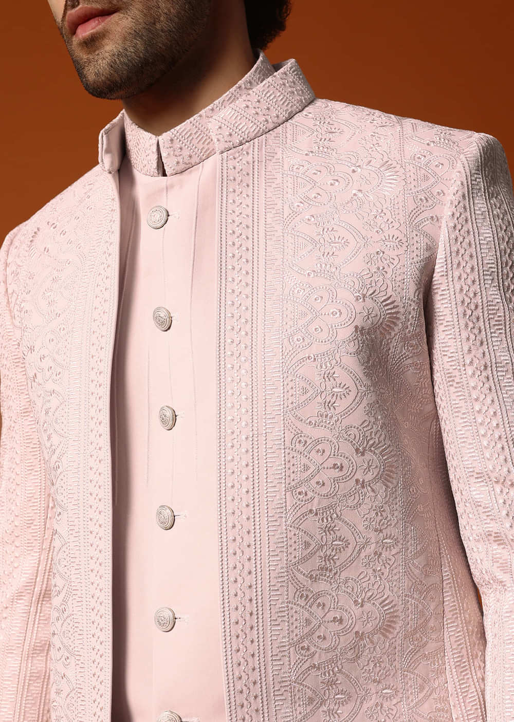 Pink Jodhpuri Set In Resham Work For Men