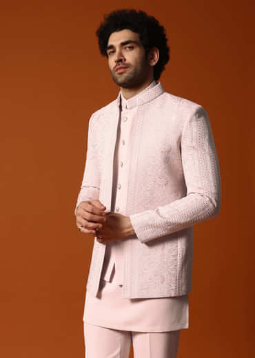 Pink Jodhpuri Set In Resham Work For Men