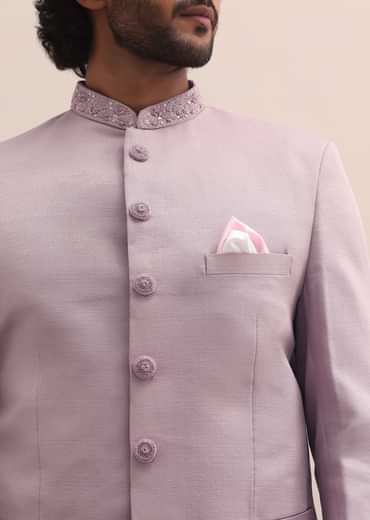 Pink Jodhpuri Suit With Embroidered Collar For Men