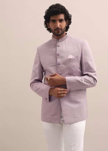 Pink Jodhpuri Suit With Embroidered Collar For Men