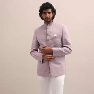Pink Jodhpuri Suit With Embroidered Collar For Men