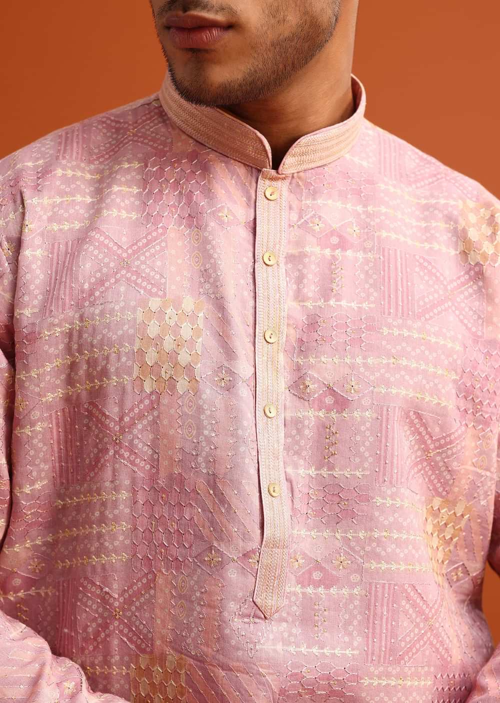 Pink Kurta And Pant Set In Silk With Printed Work