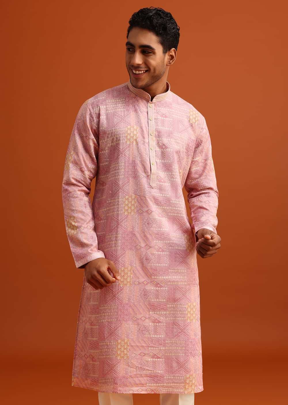 Pink Kurta And Pant Set In Silk With Printed Work