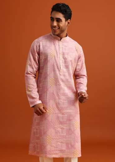 Pink Kurta And Pant Set In Silk With Printed Work
