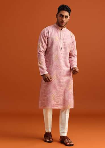 Pink Kurta And Pant Set In Silk With Printed Work