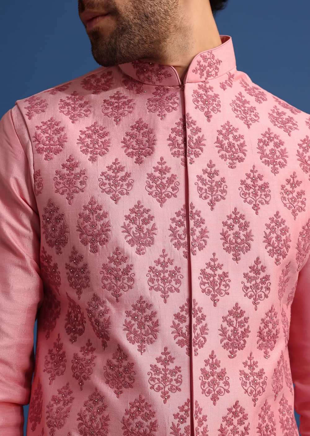 Pink Kurta Jacket Set With Dori Work And Stone Embroidery
