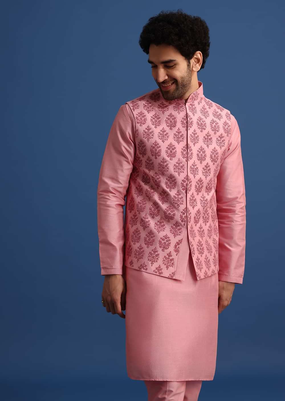 Pink Kurta Jacket Set With Dori Work And Stone Embroidery