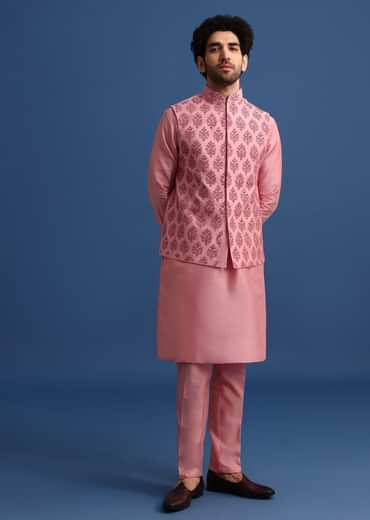 Pink Kurta Jacket Set With Dori Work And Stone Embroidery