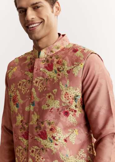 Pink Linen Floral Printed Jacket Kurta Set With Sequins