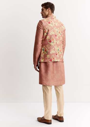 Pink Linen Floral Printed Jacket Kurta Set With Sequins