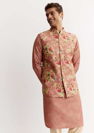 Pink Linen Floral Printed Jacket Kurta Set With Sequins