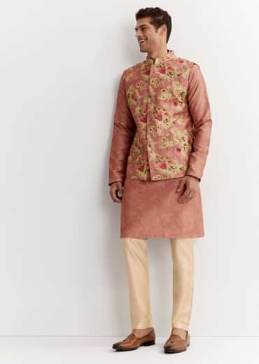 Pink Linen Floral Printed Jacket Kurta Set With Sequins