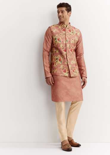Pink Linen Floral Printed Jacket Kurta Set With Sequins