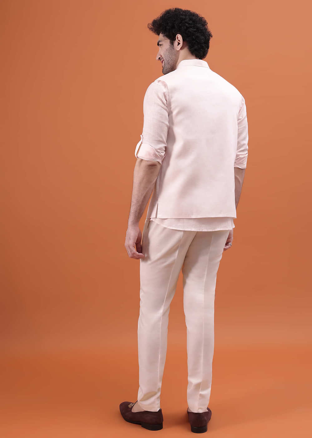 Pink Linen Kurta And Embroidered Jacket For Men