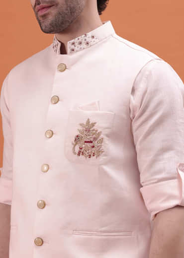 Pink Linen Kurta And Embroidered Jacket For Men
