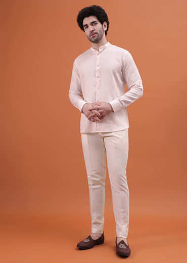 Pink Linen Kurta And Embroidered Jacket For Men