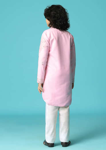 Pink Linen Kurta Pant With Resham Work For Boys