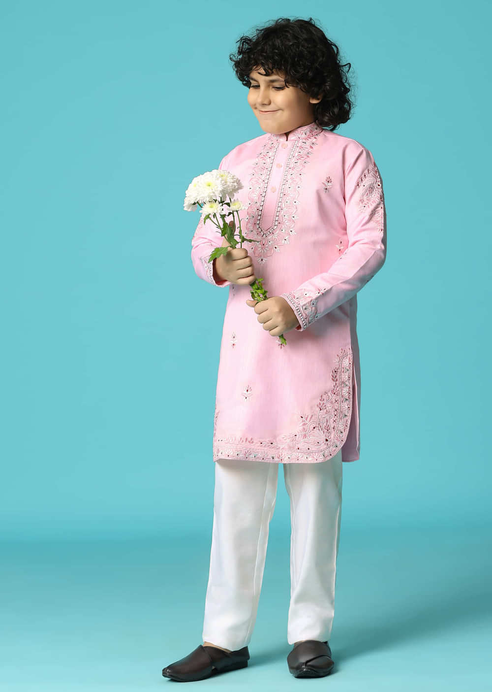 Pink Linen Kurta Pant With Resham Work For Boys