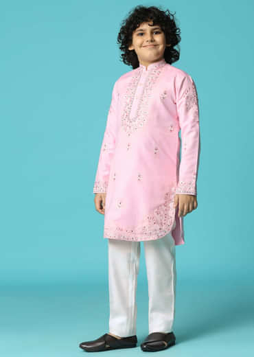 Pink Linen Kurta Pant With Resham Work For Boys
