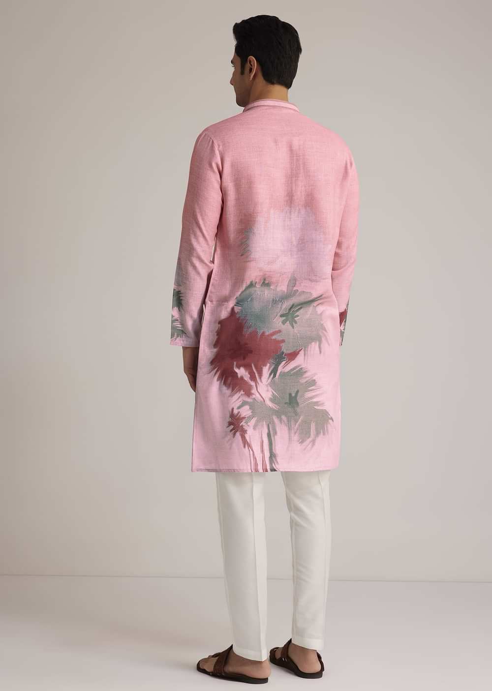 Pink Linen Ombre Kurta Set With Abstract Print
