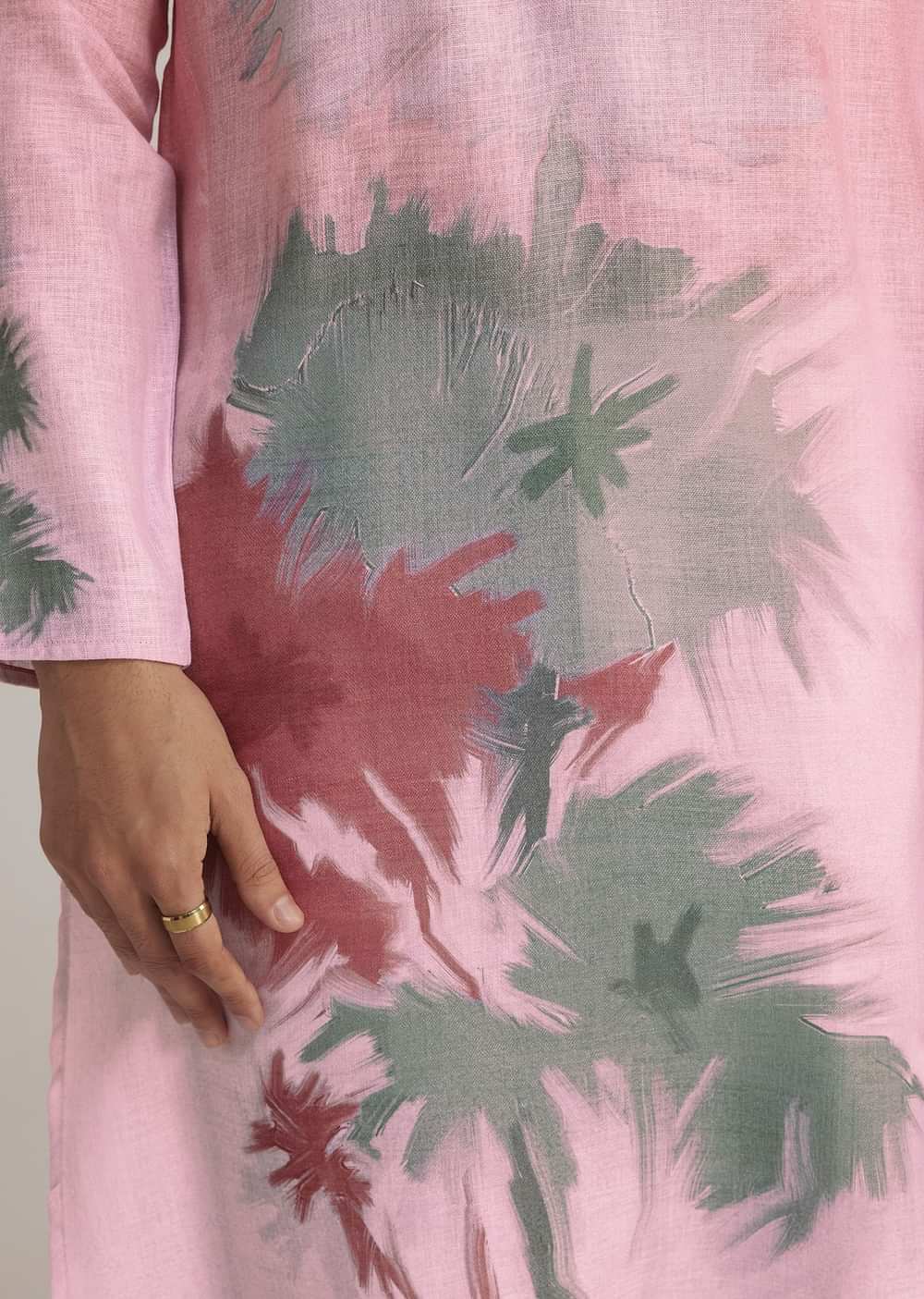 Pink Linen Ombre Kurta Set With Abstract Print