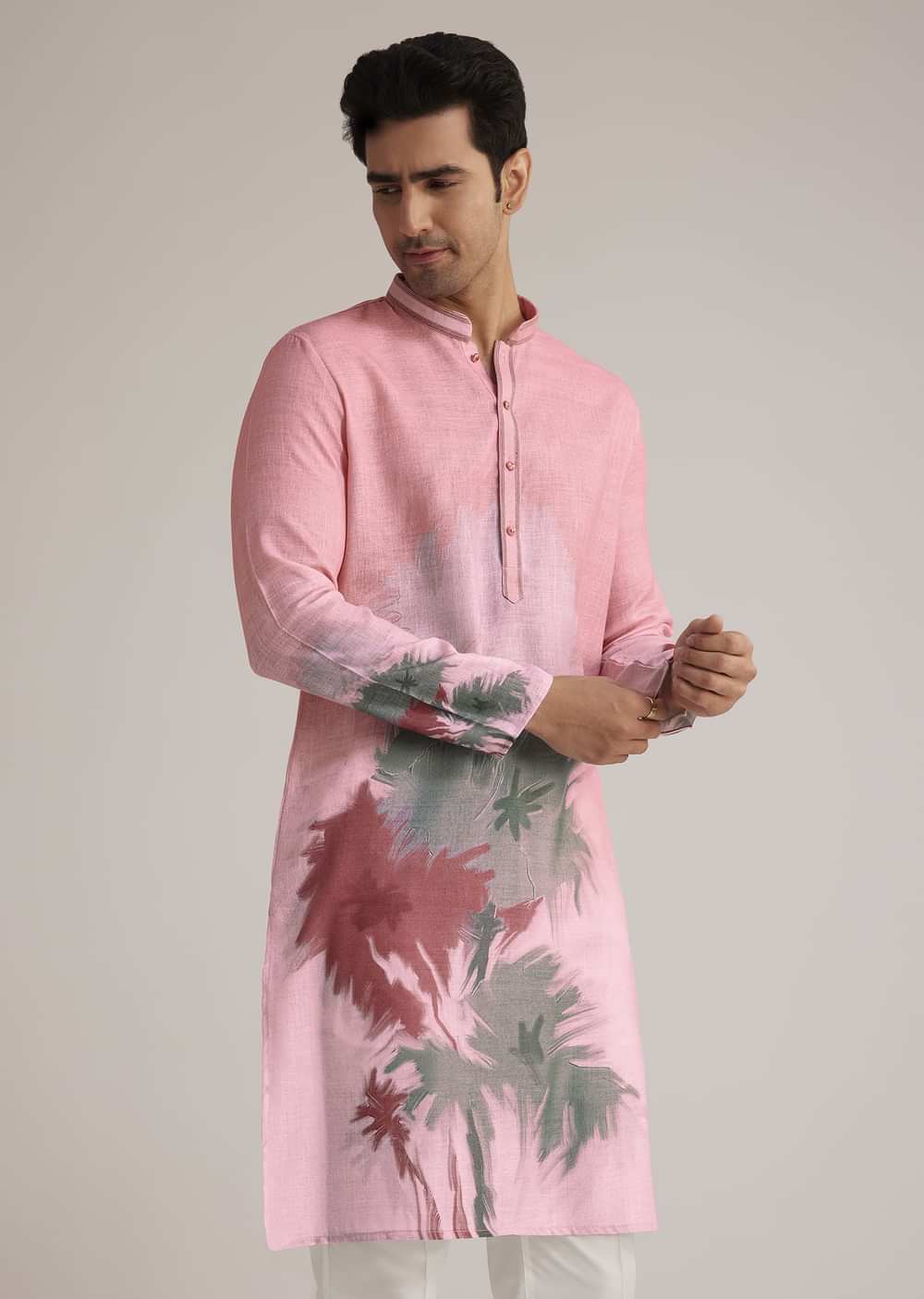 Pink Linen Ombre Kurta Set With Abstract Print
