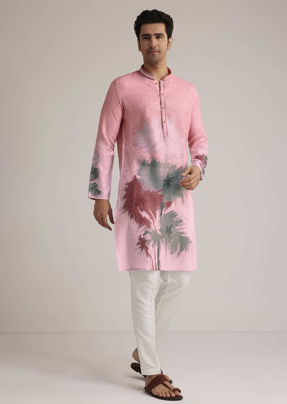 Pink Linen Ombre Kurta Set With Abstract Print