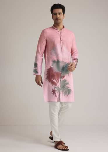 Pink Linen Ombre Kurta Set With Abstract Print