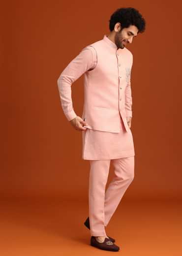Pink Linen Zardosi Kurta Jacket Set