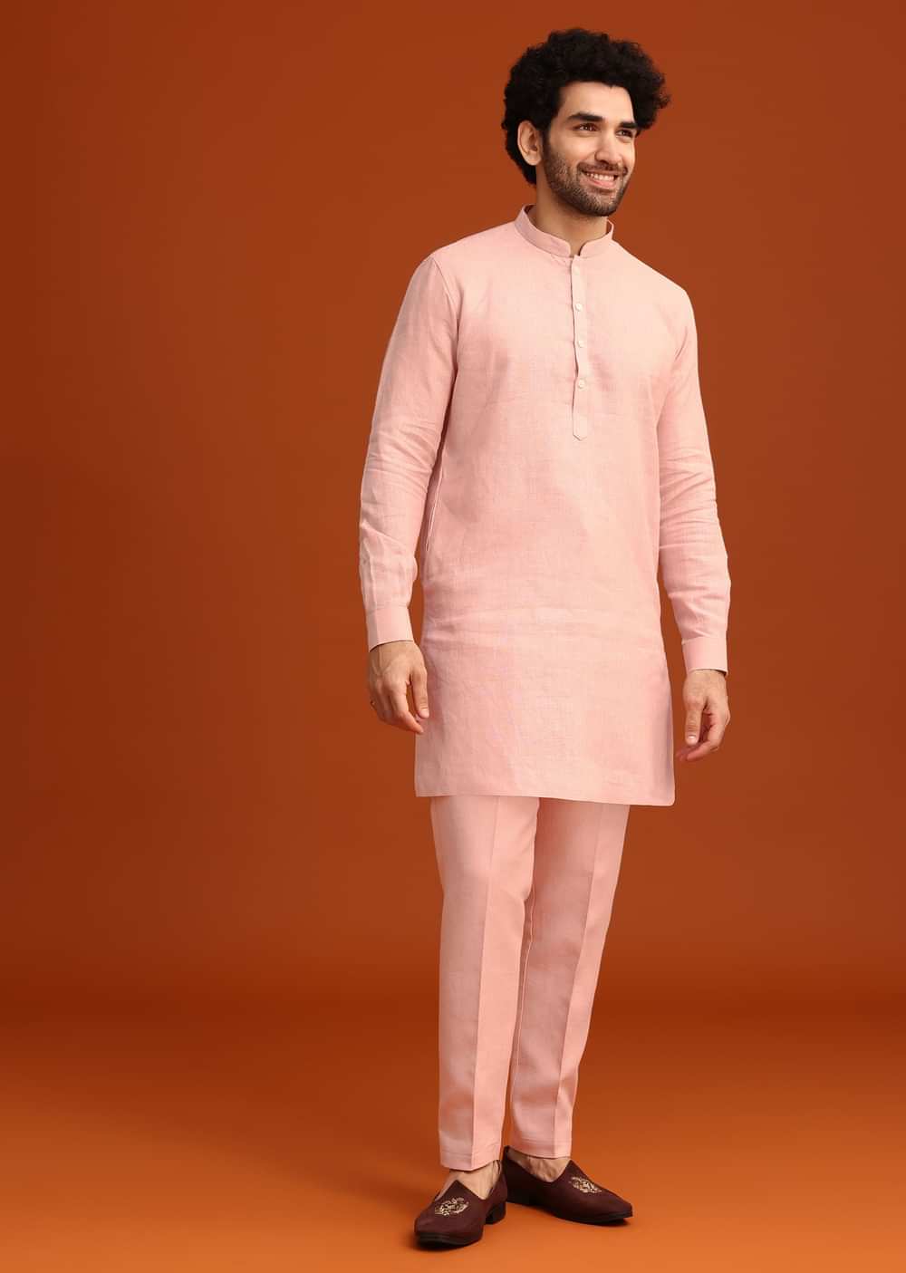 Pink Linen Zardosi Kurta Jacket Set