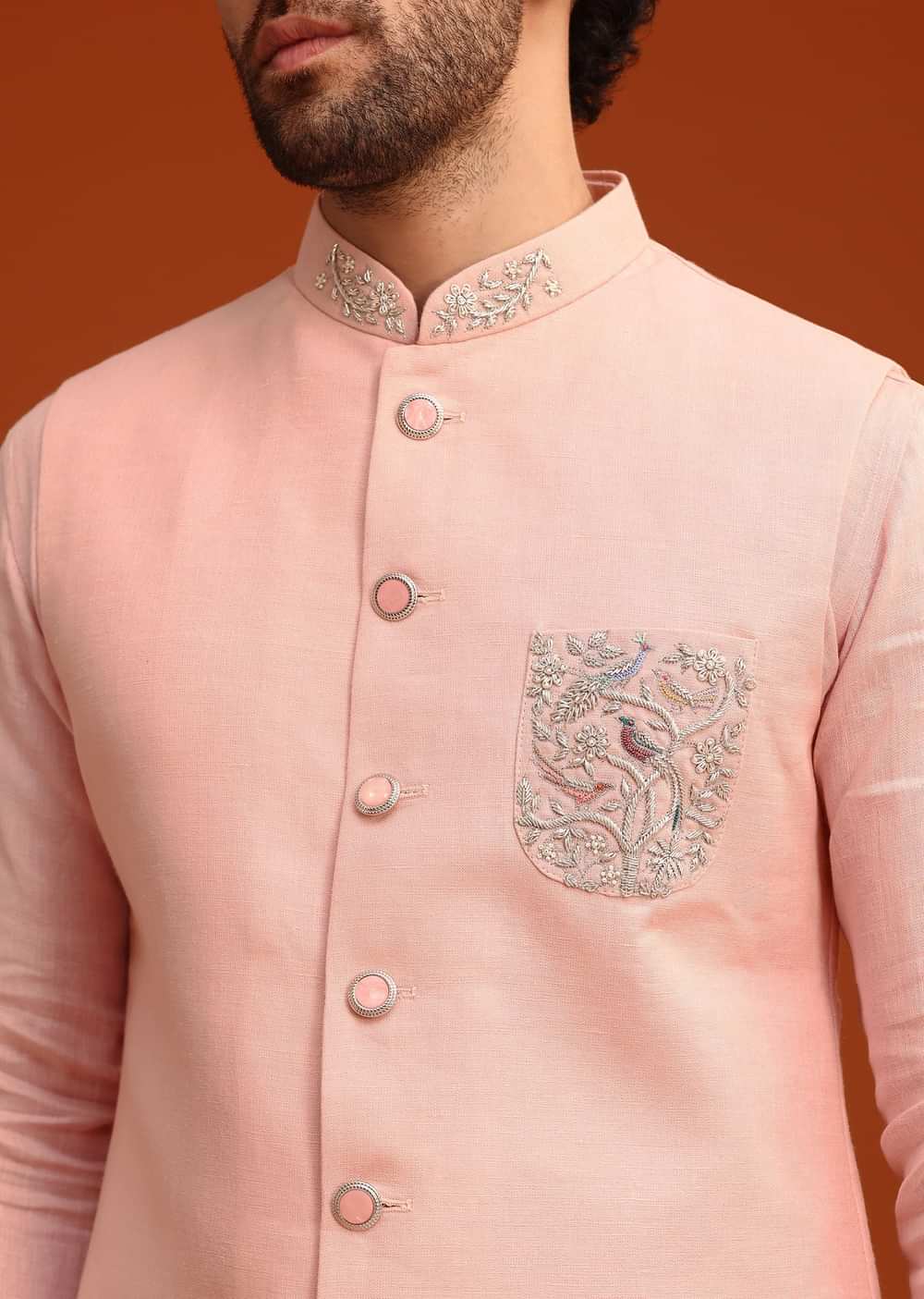 Pink Linen Zardosi Kurta Jacket Set