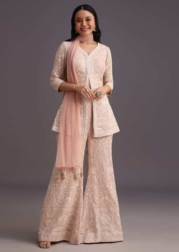 Pink Lucknowi Kurti Palazzo With Net Dupatta