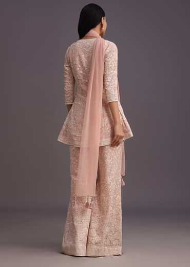 Pink Lucknowi Kurti Palazzo With Net Dupatta