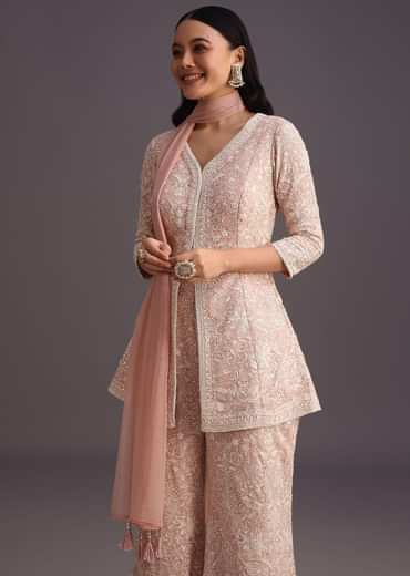 Pink Lucknowi Kurti Palazzo With Net Dupatta