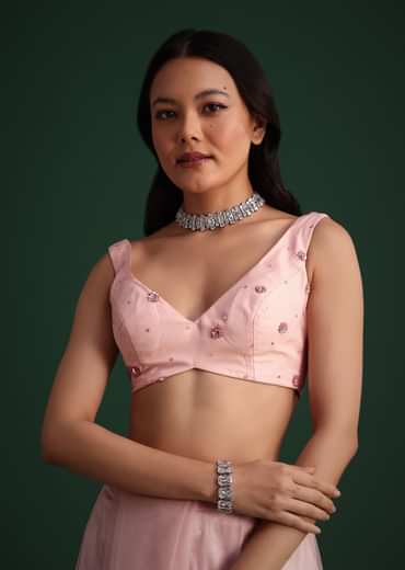 Peach Net Saree With Cutdana And Sequin Embroidery