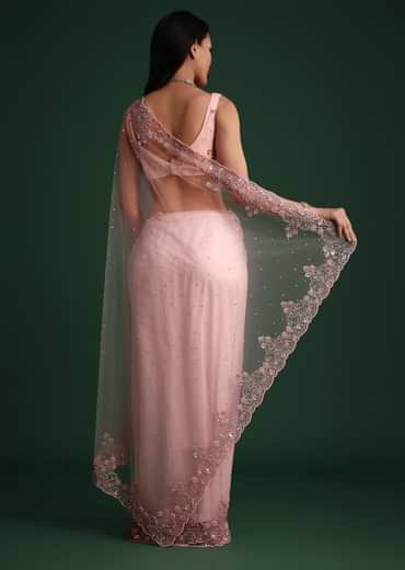 Peach Net Saree With Cutdana And Sequin Embroidery