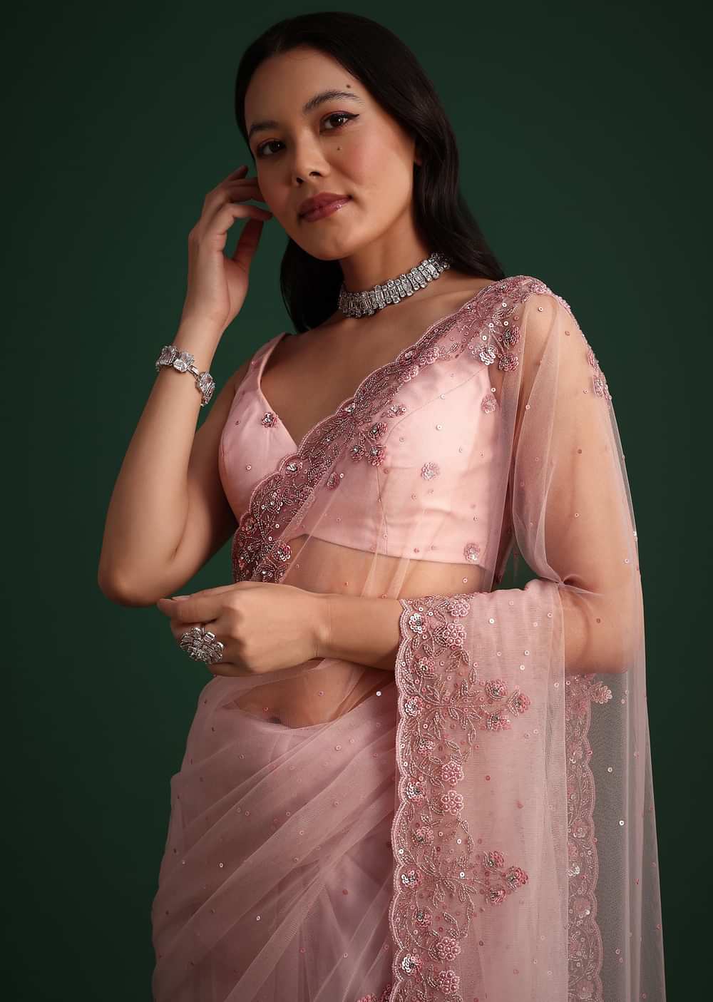 Peach Net Saree With Cutdana And Sequin Embroidery