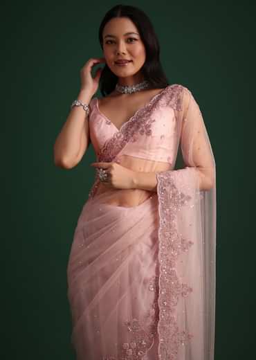 Peach Net Saree With Cutdana And Sequin Embroidery