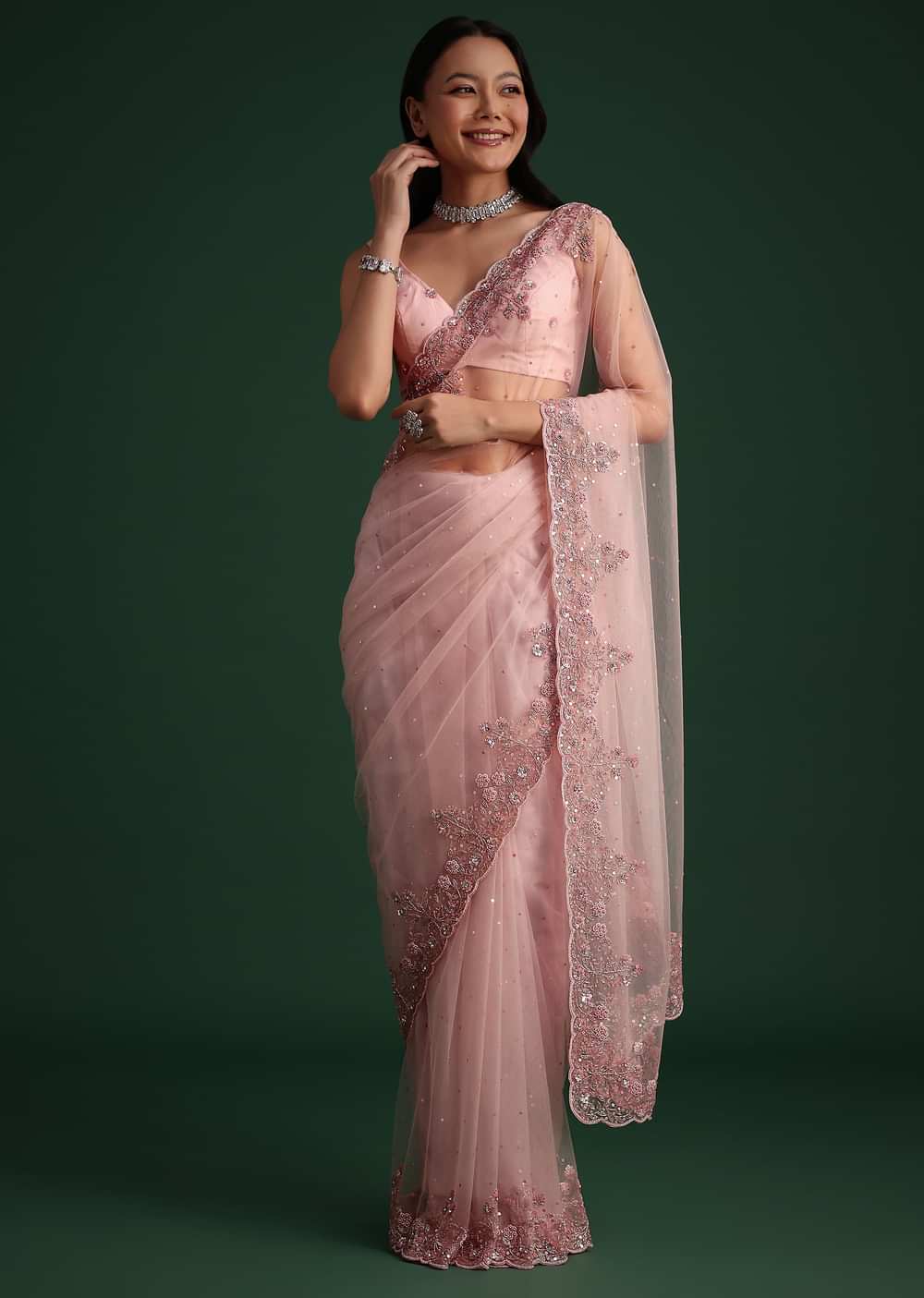 Peach Net Saree With Cutdana And Sequin Embroidery
