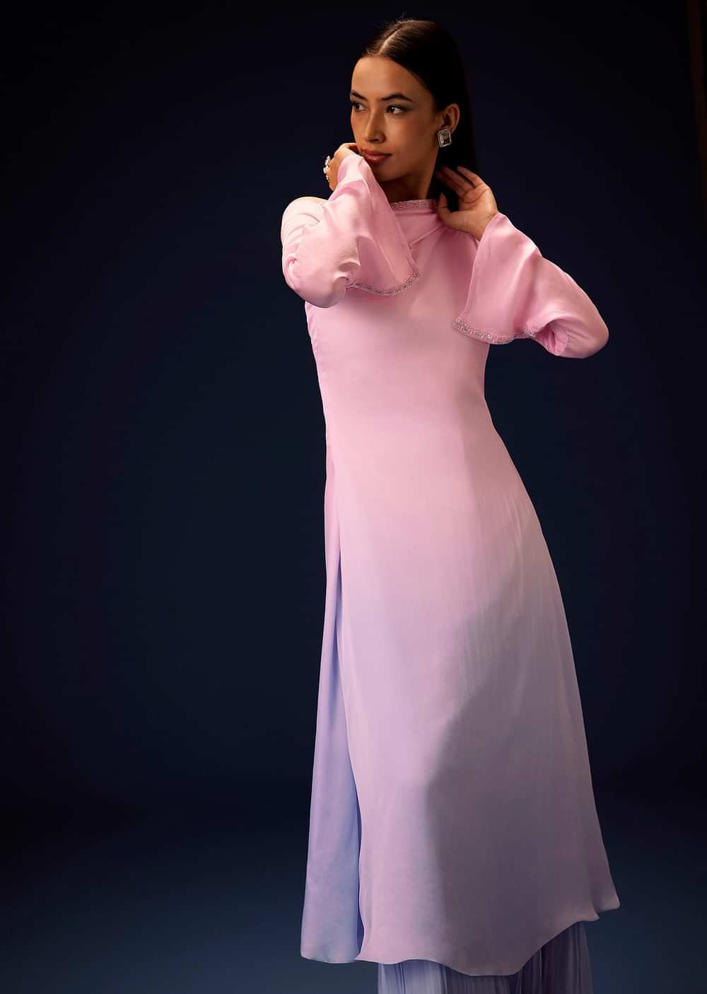 Pink Ombre A Line Kurta With Ruched Palazzo