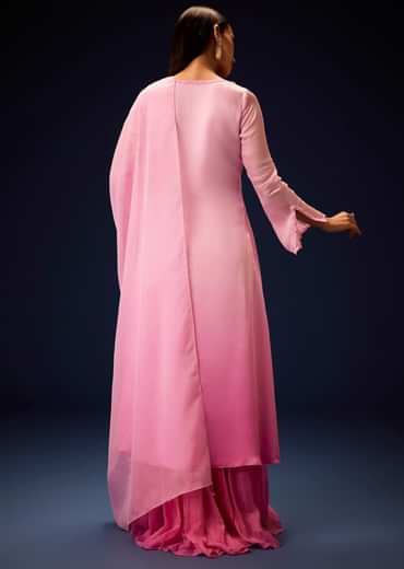 Pink Ombre Bell Sleeved Kurta With Palazzo And Dupatta