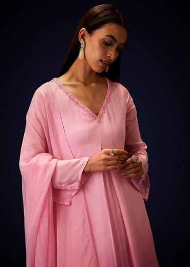 Pink Ombre Bell Sleeved Kurta With Palazzo And Dupatta