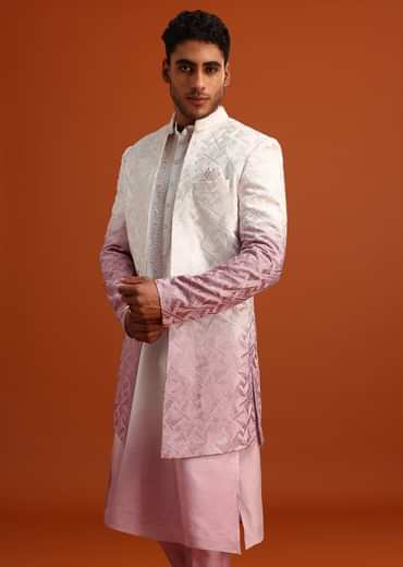 Pink Ombre Sherwani And Kurta Set With Resham Work