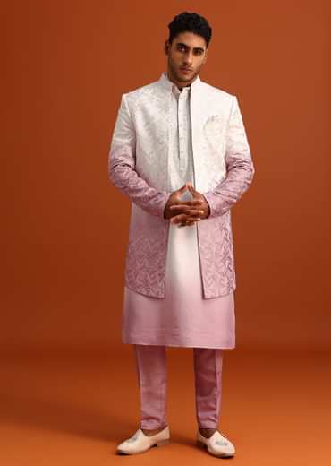 Pink Ombre Sherwani And Kurta Set With Resham Work