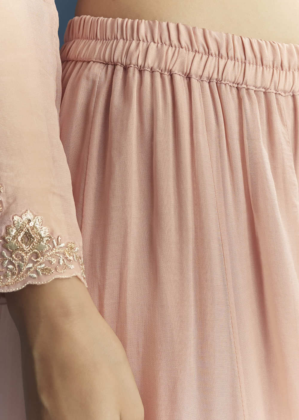 Pink Organza Palazzo Suit With Zari And Mirror Embroidery