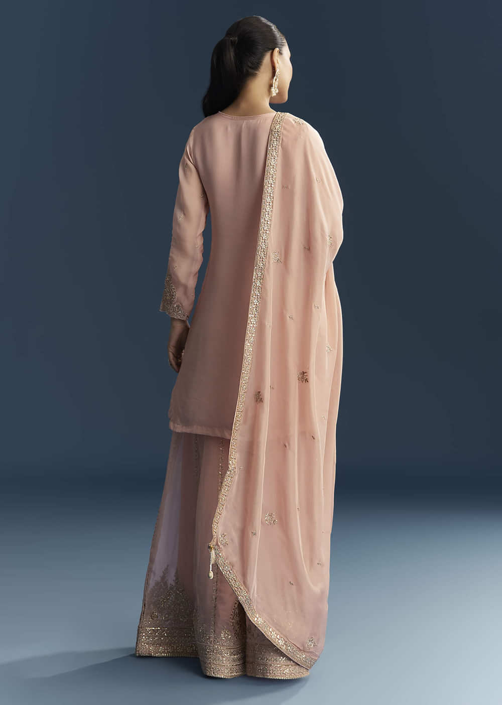 Pink Organza Palazzo Suit With Zari And Mirror Embroidery