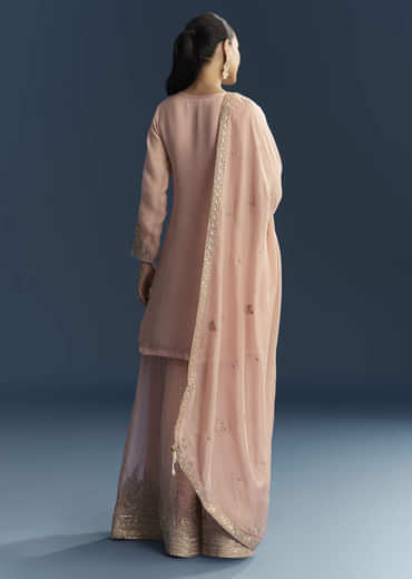 Pink Organza Palazzo Suit With Zari And Mirror Embroidery