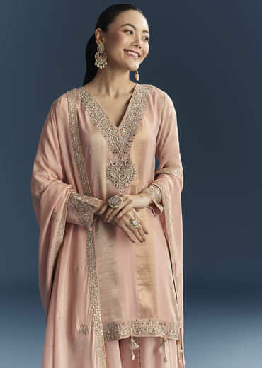 Pink Organza Palazzo Suit With Zari And Mirror Embroidery