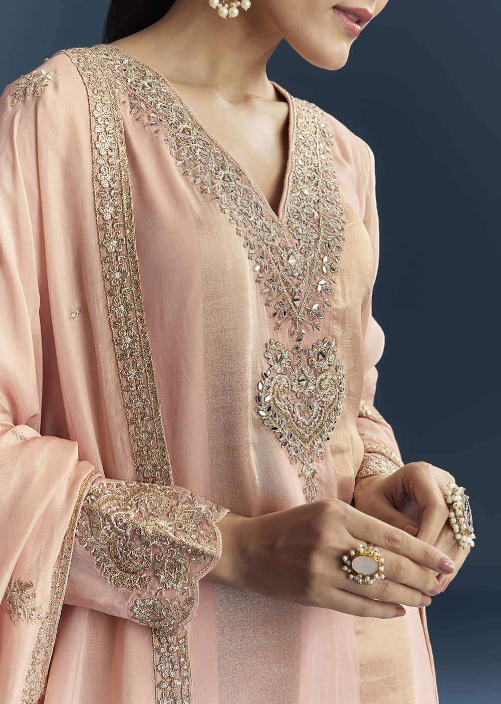 Pink Organza Palazzo Suit With Zari And Mirror Embroidery