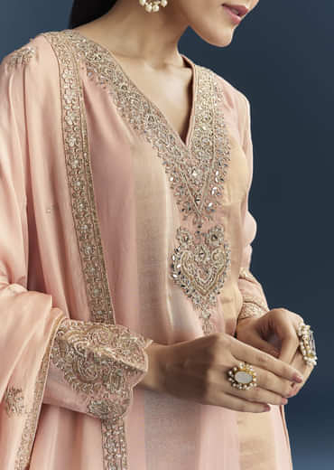 Pink Organza Palazzo Suit With Zari And Mirror Embroidery